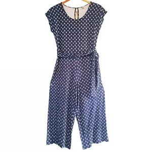 Navy Blue & White Stretchy Jersey Knit Jumpsuit Tie Belt Size Small